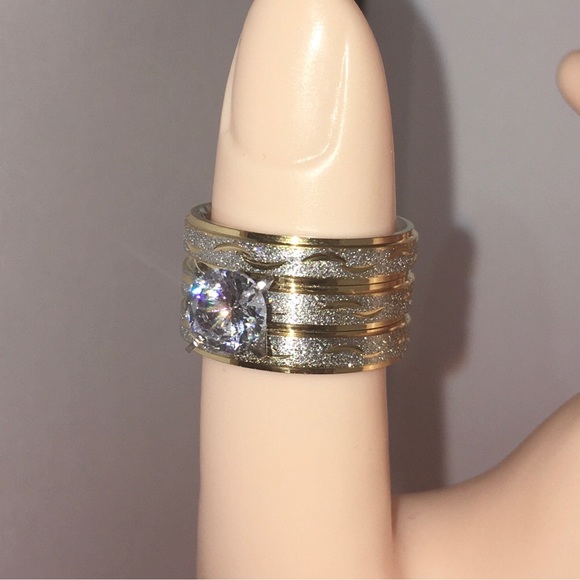 ⚜️ Two Tone Frosted Steel 3 Band Wedding Ring Set - Picture 13 of 13